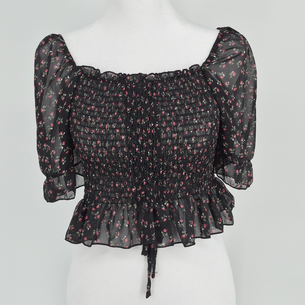 DAZY Black Floral Smocked‎ Crop Top Puff Sleeve Boho Cottagecore Blouse Size L